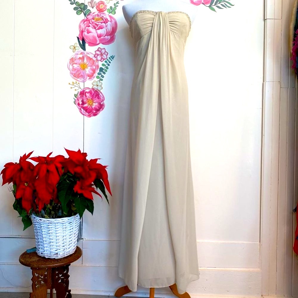 David's Bridal Strapless Long Gown in Light Beige
